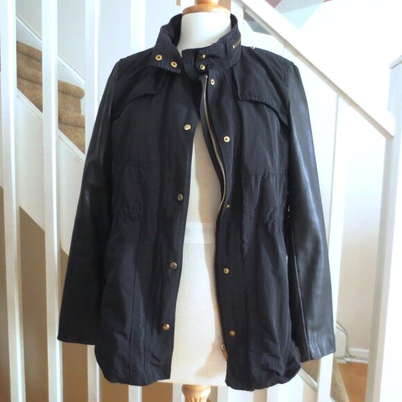 Zara Navy Black and Gold Zipper Parka Rain Jacket Coat with Leather Look Sleeves - Picture 3 of 6